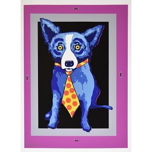 Untitled Blue Dog With Tie - Magenta, Gray and Black Background